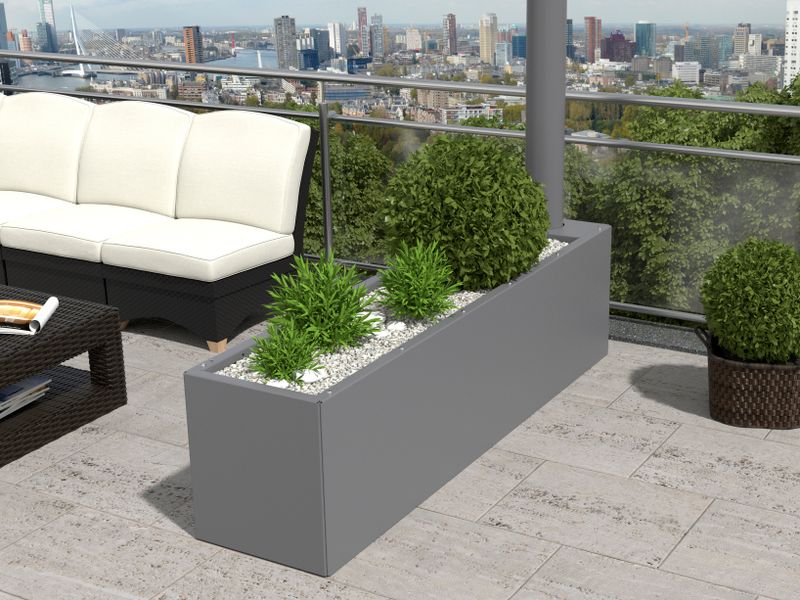 Awning stand system markilux syncra on a roof terrace with a view over the city, detail view of the stabilisation box, which also functions as a flower pot.
