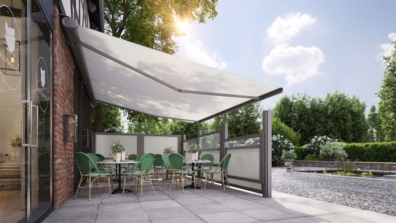 Awning system mx 5010, mx format and pergola for the exterior of an inn