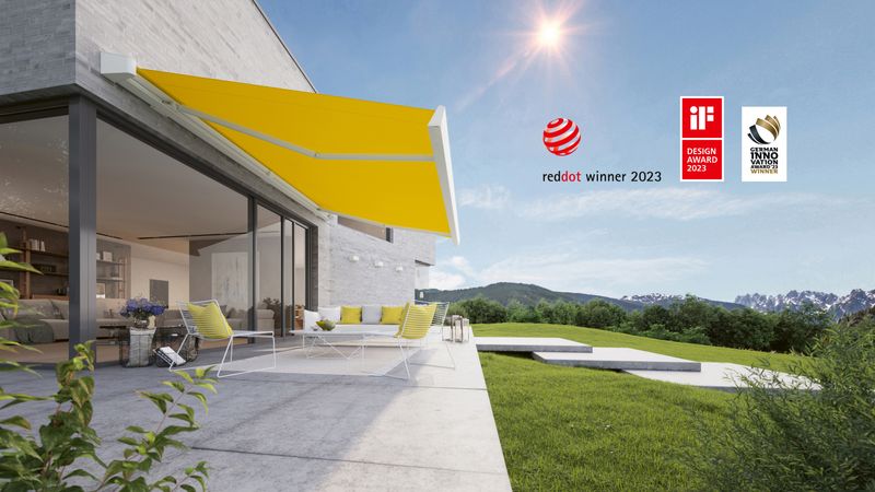 markilux MX-4 in white with yellow fabric cover and reddot winner logo