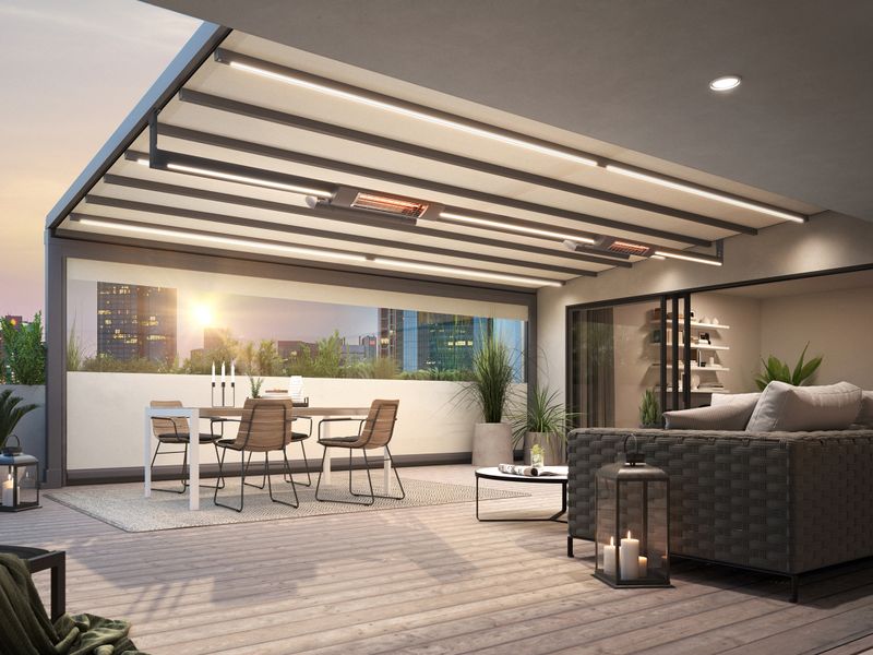 markilux pergola stretch on the terrace of a penthouse at dusk - equipped with lights, infrared heaters and vertical blinds with panoramic window.